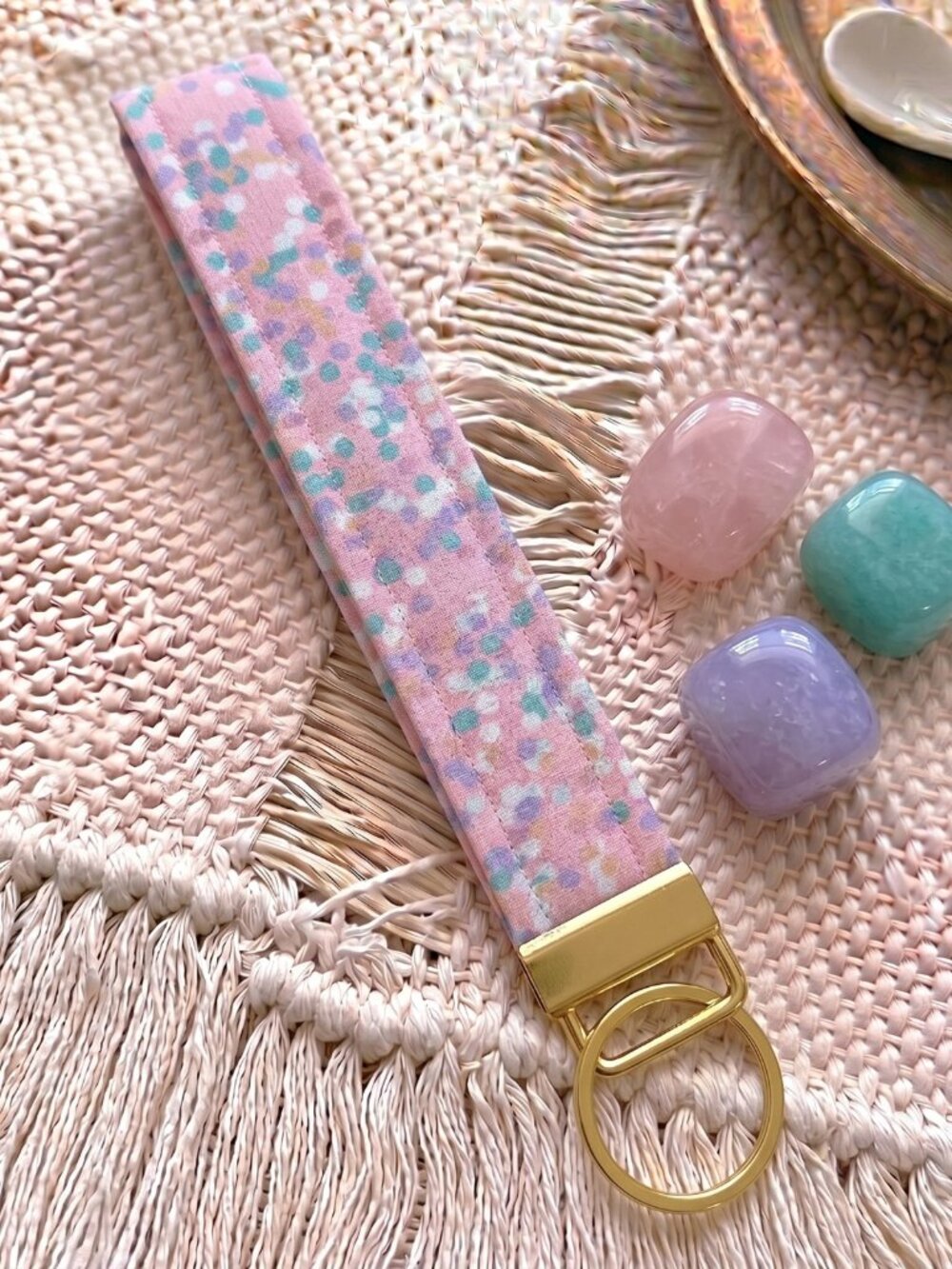 New Handmade Pastel Pink Confetti Polka Dot Fabric Key Fob Wristlet Keychain